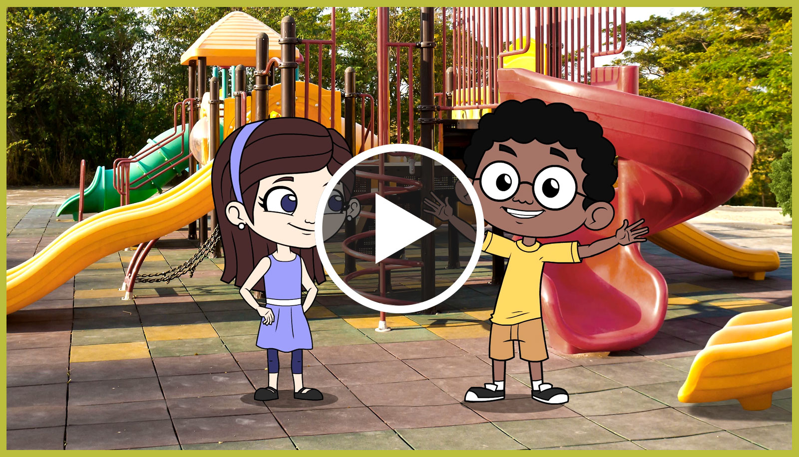 Play Video Button over an illustrated boy and girl at a playground